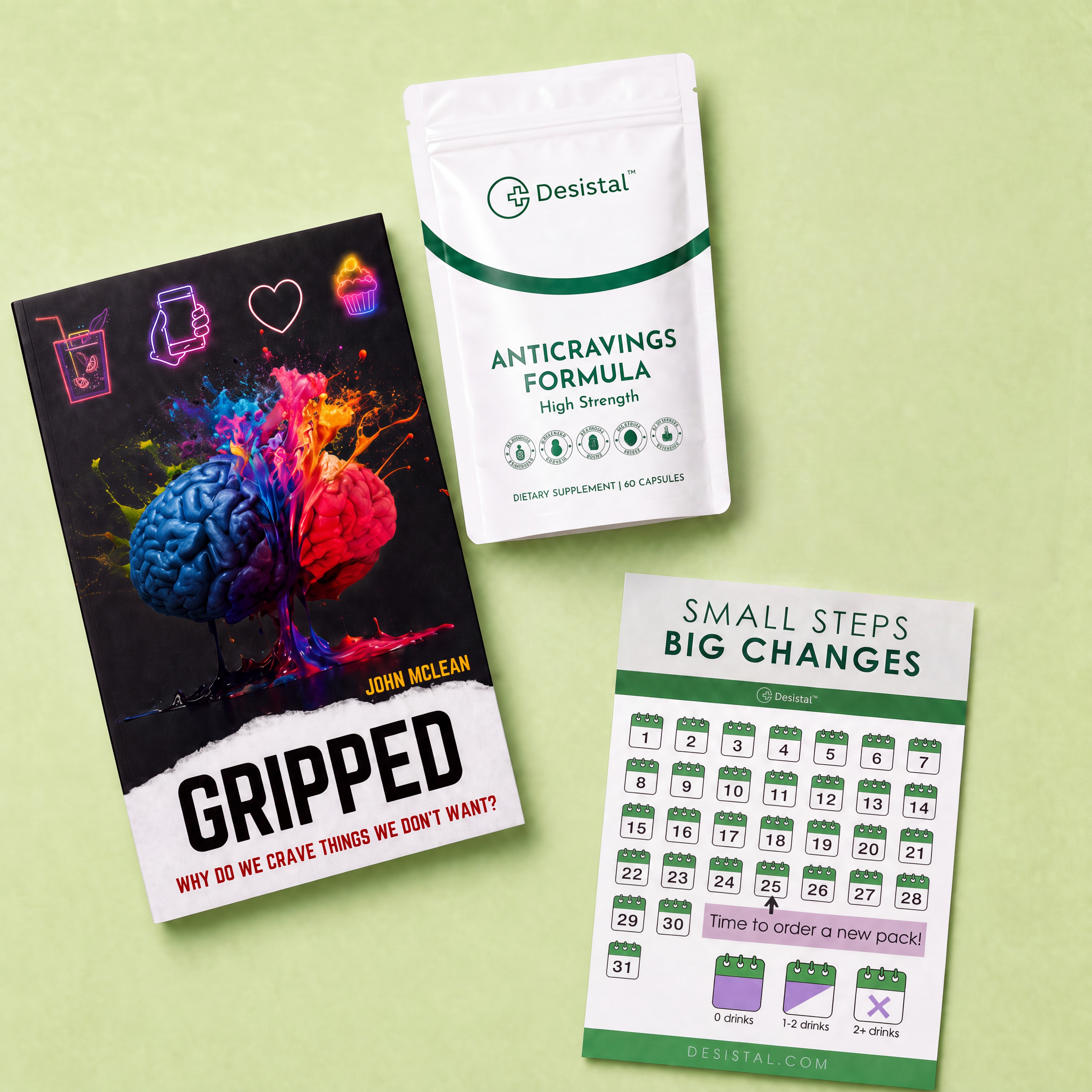 Generated with Kive.ai - Remove only the Desistal Sugar Cravings Control pouch from this square flat lay image. Preserve the book_ the anti cravings pouch_ and the calendar exactly as they are. Fill the removed are.png